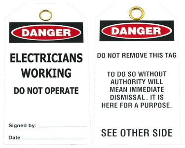 Danger – Electricians working - White Tags Pkt 25 - Kiwi Workgear